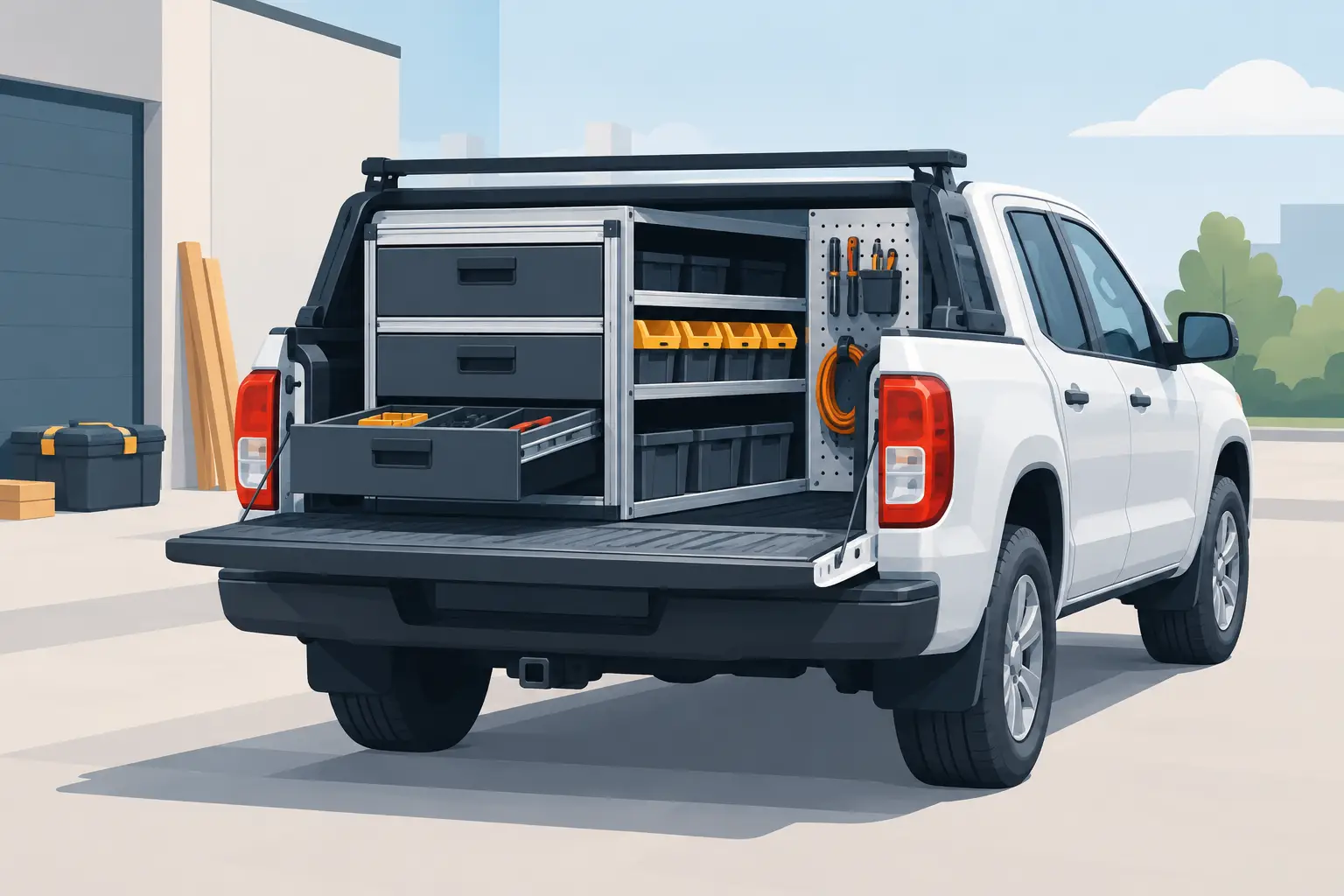 Pickup bedrijfswagen inrichting die werkt